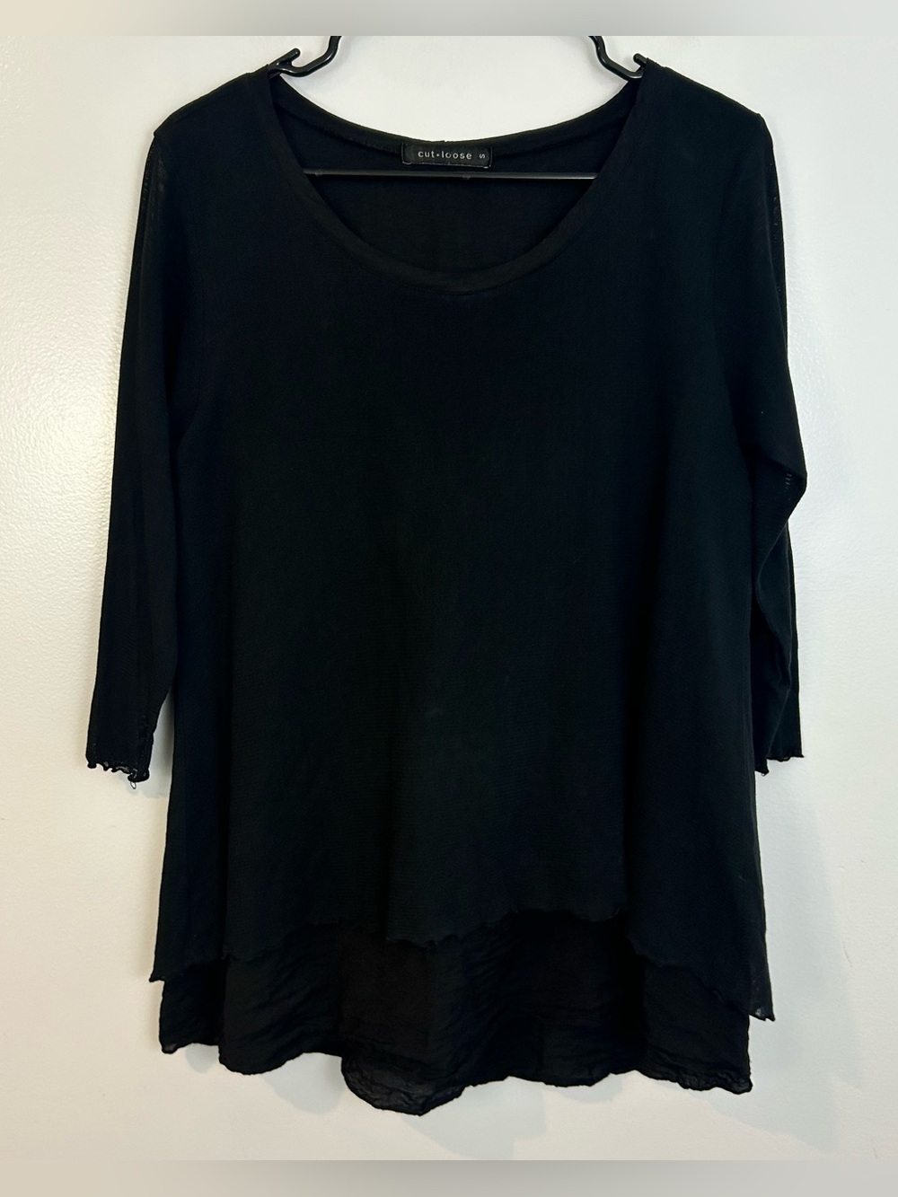 Cut Loose Black Mesh/Gauze Button Detail Flowy Lagenlook Top Size Small